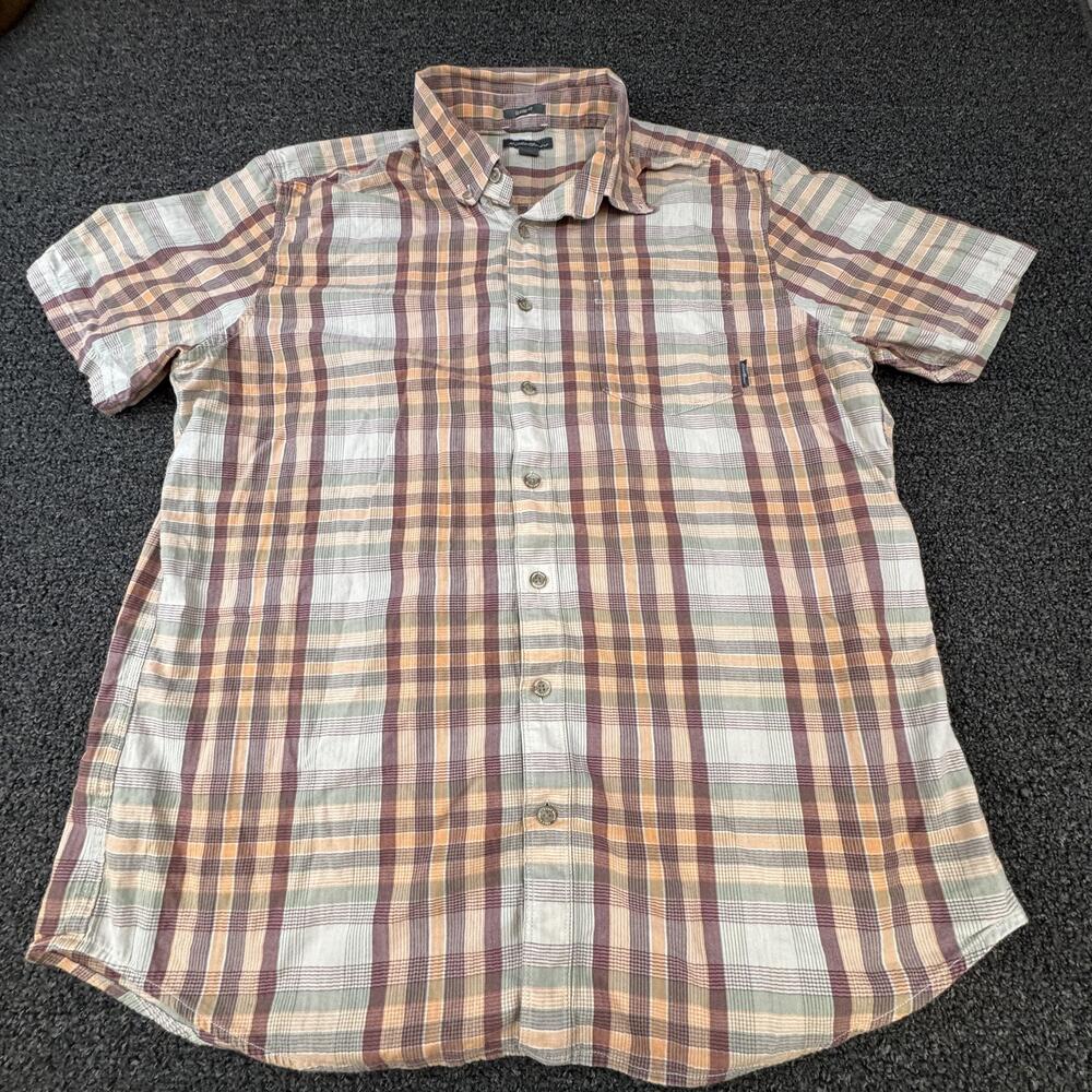 Eddie Bauer Shirt Mens XLT Brown Plaid Short Sleeve Button Up Casual Lightweight